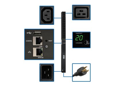 Tripp Lite 3.3/3.7kW Single-Phase Monitored PDU, LX Platform Interface, 208/230V Outlets (18 C13/2 C19), C20/L6-20P, 0U 90cm/35.5 in., TAA