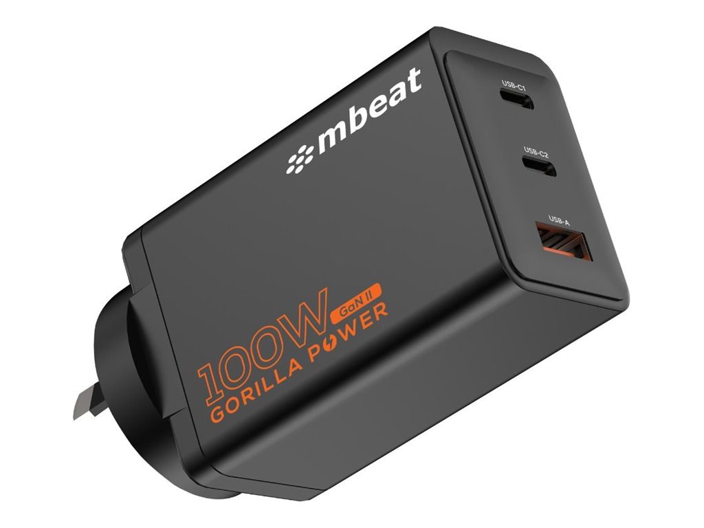 mbeat Gorilla Power power adapter GaN II 2 x USB-C USB Type A 100 Product shot Right-angle 79700