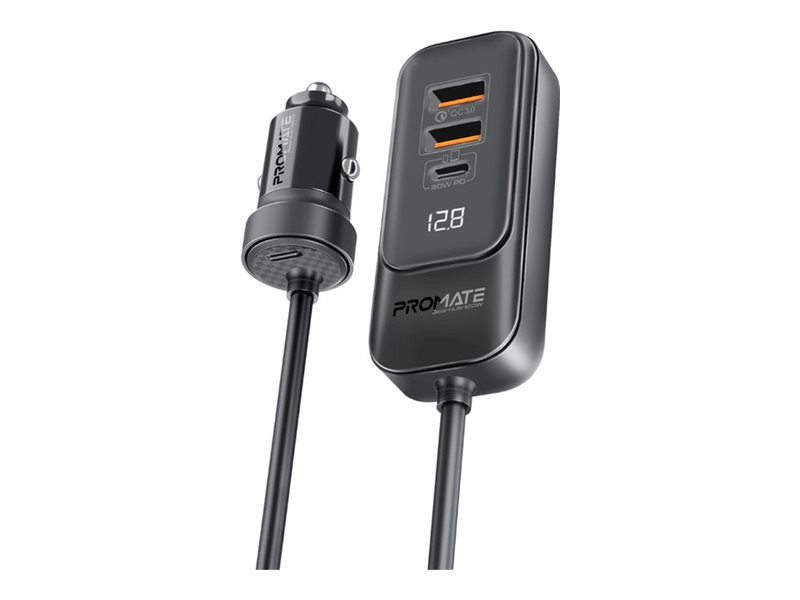 Promate RapidCharge GearHub-120W car power adapter with multi-port backseat charging hub 2 x Product shot Right-angle 79550