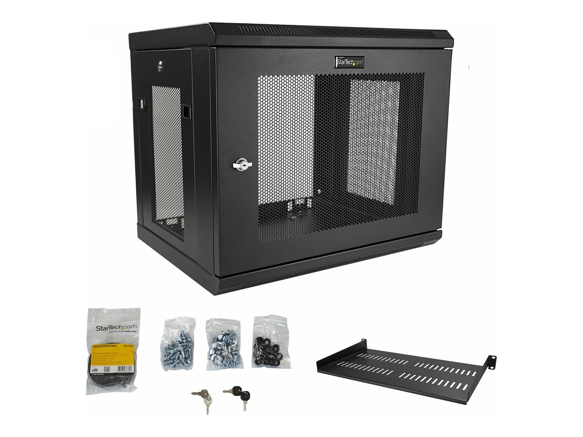 StarTech.com 2 Post 9U 19" Wall Mount Network Cabinet, Adjustable Depth 6-15" Locking IT Switch Depth Enclosure, Vented Computer/Electronics Equipment Data Rack w/ Shelf + Hook & Loop Tape - 19 Inch Wall Cabinet (RK9WALM) - rozvaděčová skříň - 9U – foto 6