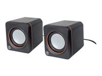 Manhattan 2600 Series Speaker System, Small Size, Big Sound, Two Speakers, Stereo, USB power, Output: 2x 3W, 3.5mm plug for sound, In-Line volume control, Cable 0.9m, Black, Three Year Warranty, Box