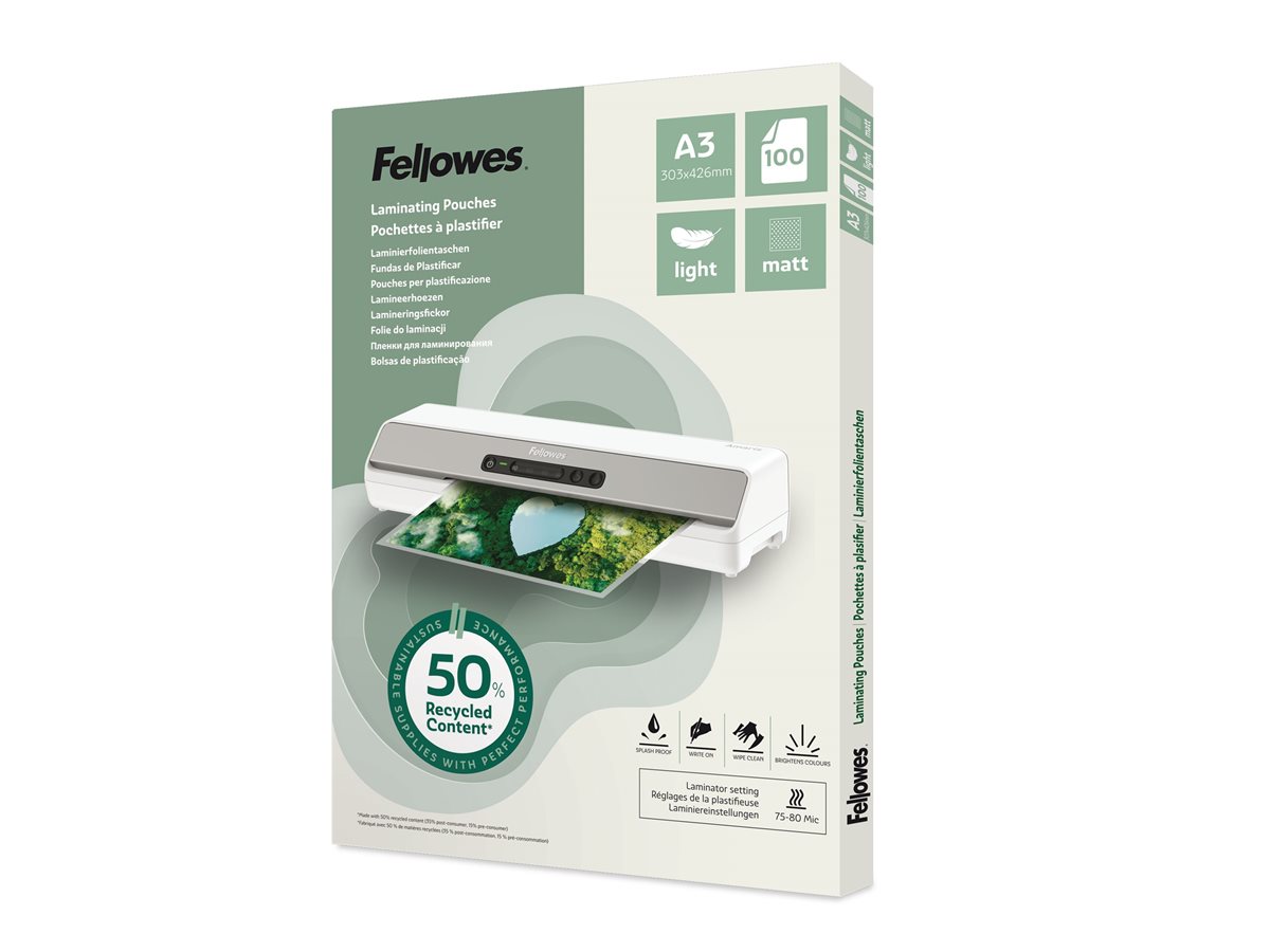 FELLOWES Pochettes de plastification A3 avec 50 pourcentage de contenu recyclé - usage léger mate lot de 100