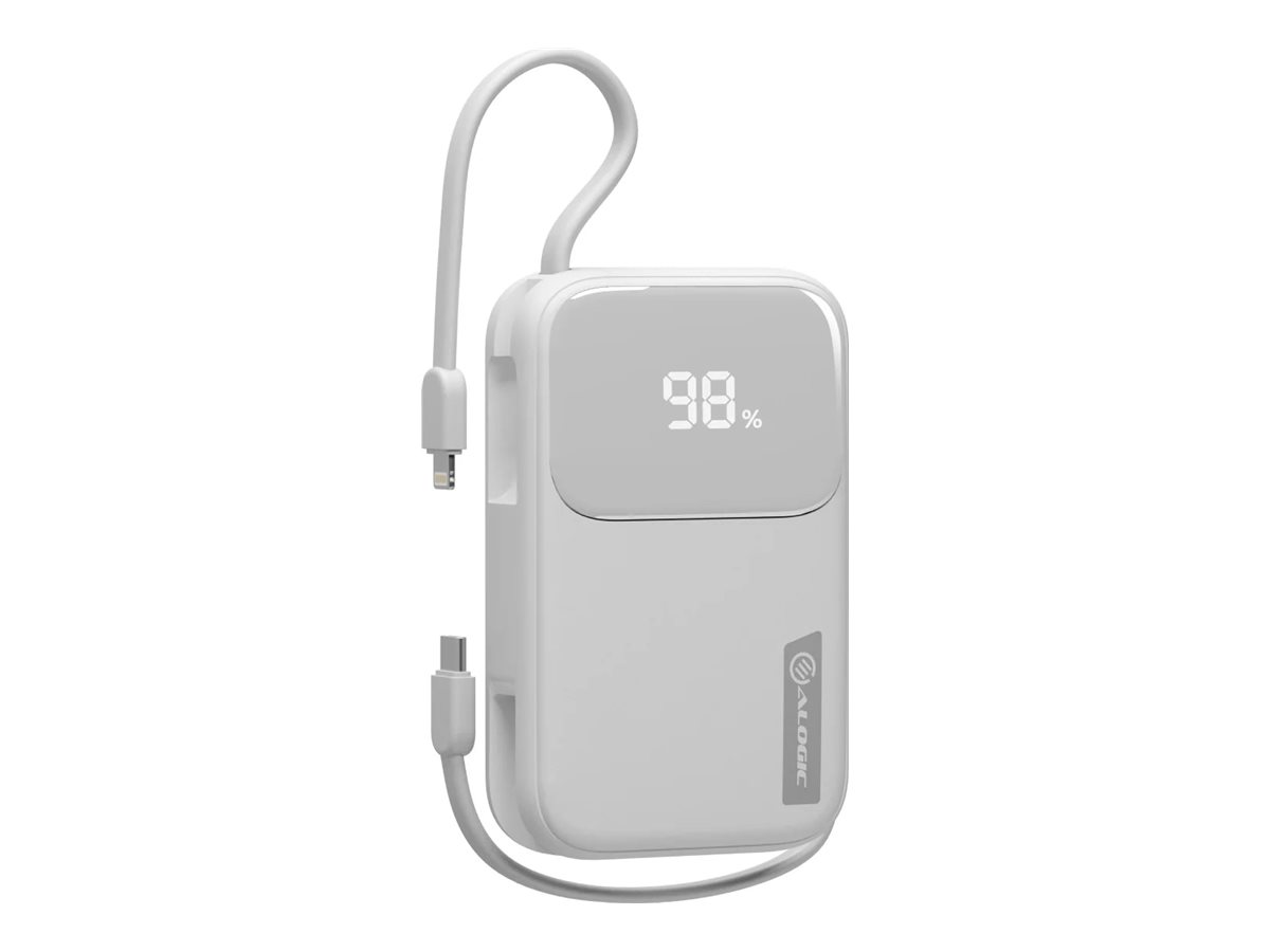 ALOGIC Tandem+ power bank with USB-C and lightning cables 2 x USB-C Lightning USB 30 Product shot Left-angle 79750