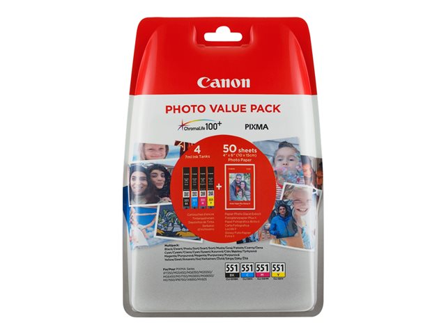 Image of Canon CLI-551 C/M/Y/BK Photo Value Pack - 4-pack - black, yellow, cyan, magenta - original - ink tank / paper kit