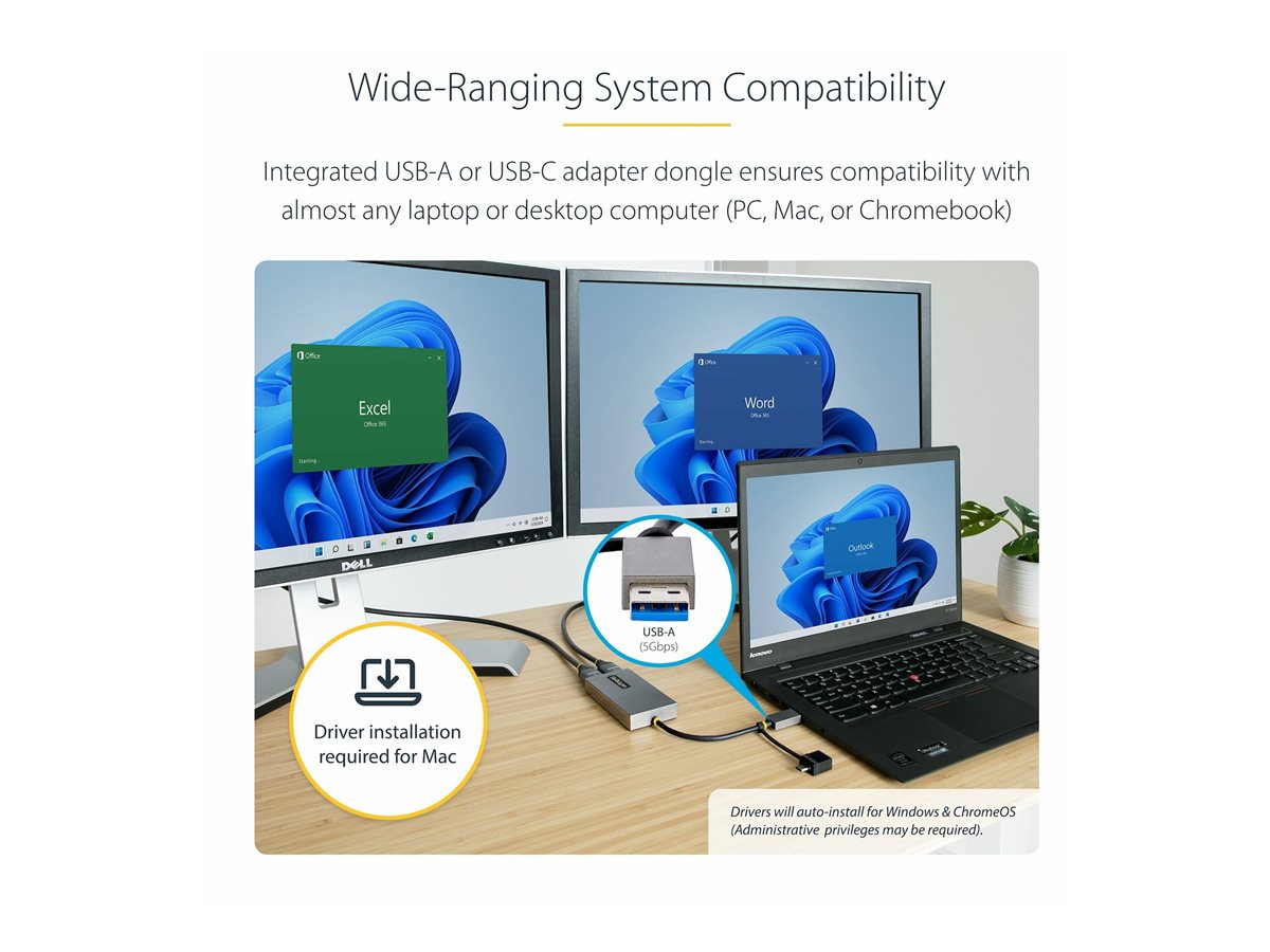 StarTech.com USB to Dual HDMI Adapter, USB A/C to 2x HDMI Monitors (1x 4K 30Hz, 1x 1080p), Integrated USB-A to C Dongle, 4in/11cm Cable, Windows & macOS - USB 3.0 to HDMI Multi-Monitor Display Adapter for Laptop (107B-USB-HDMI) - video adaptér - HDMI / USB – foto 4