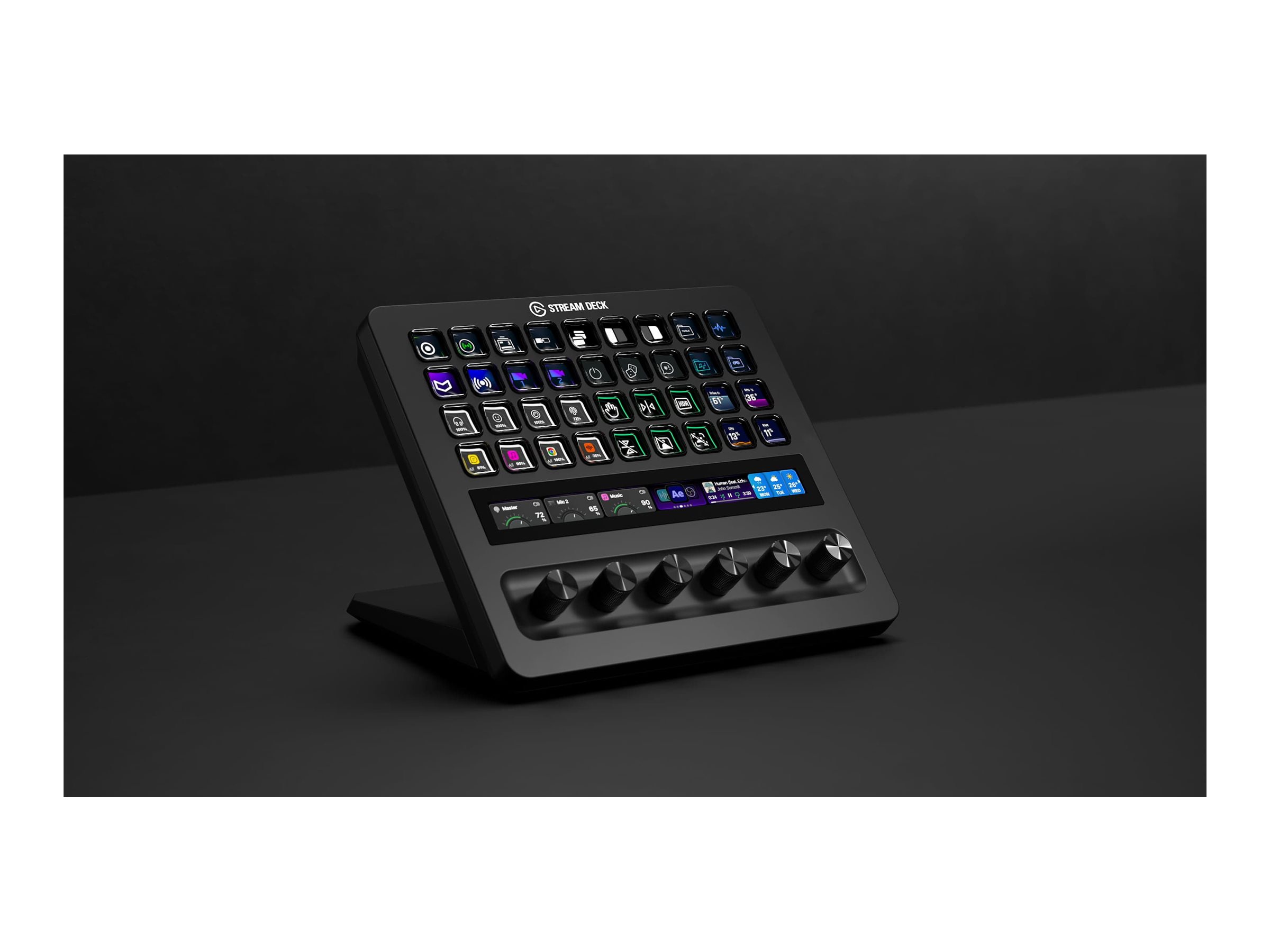 Elgato Stream Deck + XL keypad with LCD touch panel 6 dials Input Product shot Left-angle 79900