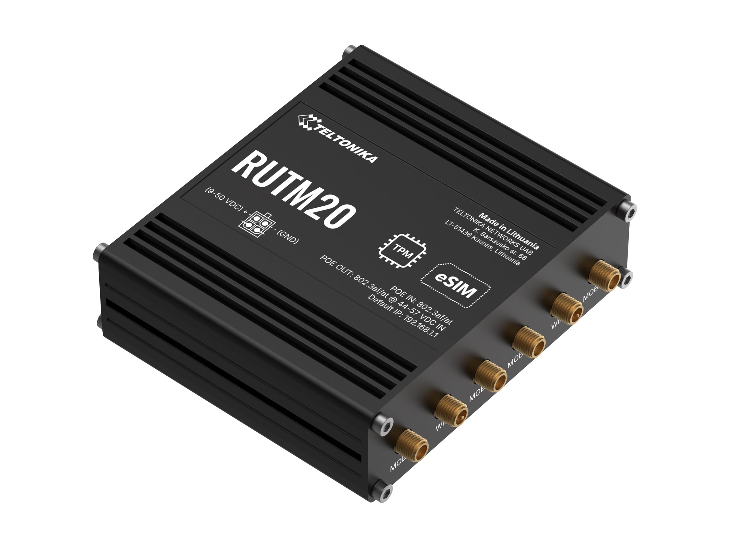 Teltonika RUTM20 wireless router WWAN Wi-Fi 5 LTE 5G 4G 3G DIN rail mountable Product shot Left-angle 79900
