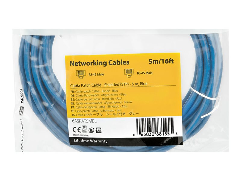 StarTech .com 5m CAT6A Ethernet Cable, 10 Gigabit Shielded Snagless RJ45 100W PoE Patch Cord, CAT 6A 10GbE STP Network Cable w/Strain Relief, Blue, UL Certified Wiring/TIA
