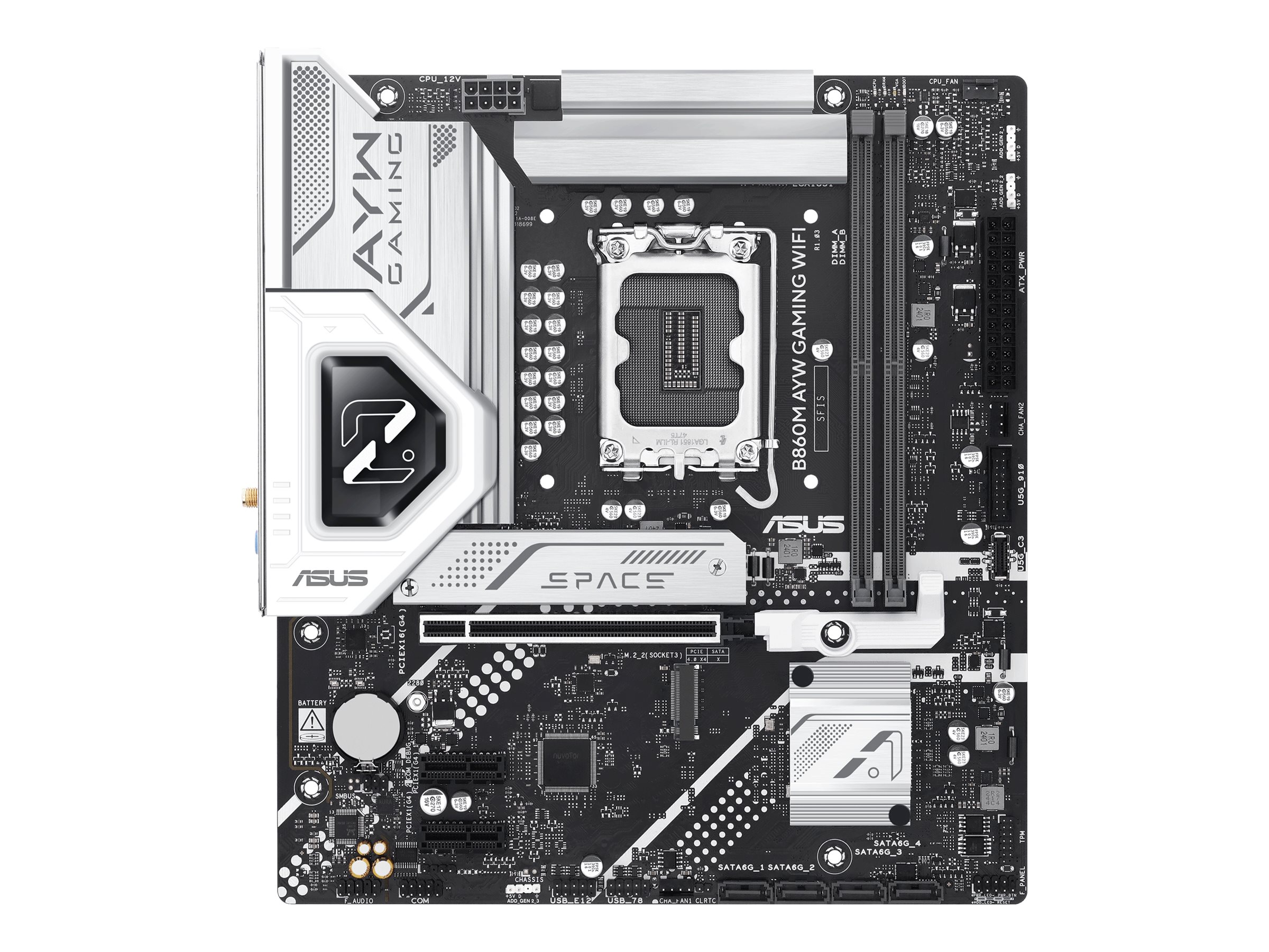 ASUS B860M AYW GAMING WIFI motherboard micro ATX LGA1851 Socket Product shot Front 80025