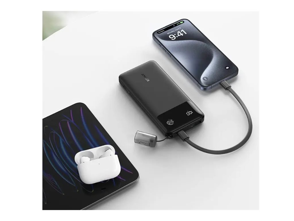 Anker PowerCore power bank with USB-C lanyard cable USB-C USB Type A 22.5 Usage / lifestyle Left-angle 72665