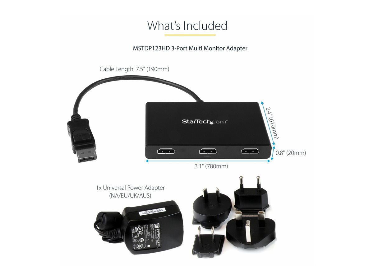 StarTech.com 3-Port Multi Monitor Adapter, DisplayPort 1.2 to HDMI MST Hub, Triple 1080p HDMI Monitor, Video Splitter for Extended Desktop Mode on Windows PCs Only, DP to 3x HDMI MST Hub - Multi Stream Transport (MSTDP123HD) - rozdělovač video / audio - 3 porty – foto 8