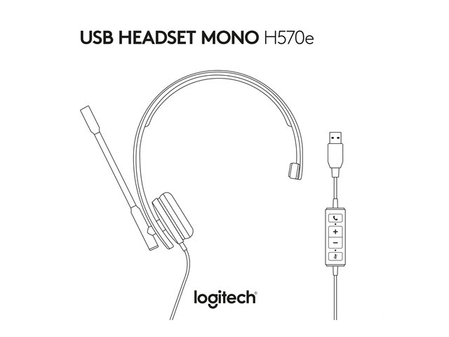 Logitech H570e Wired Headset, Mono Headphones with Noise-Cancelling Microphone, USB, in-Line Controls with Mute Button, Indicator LED, PC/Mac/Laptop - Black
