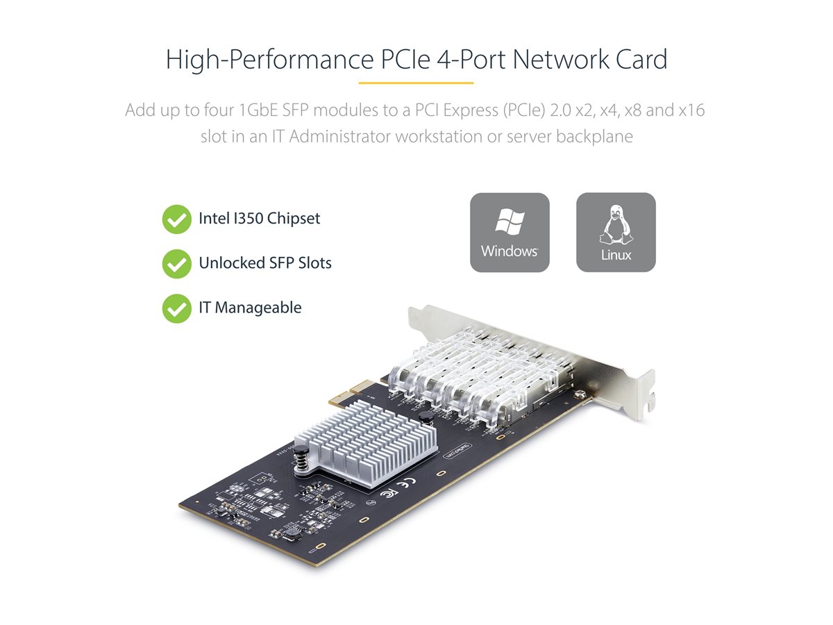 StarTech.com 4-Port GbE SFP Network Card, PCIe 2.0 x2, Intel I350-AM4 4x 1GbE Controller, 1000BASE Copper/Fiber Optic, Quad-Port Gigabit Ethernet NIC, Desktop/Server Backplanes - Windows and Linux Compatible (P041GI-NETWORK-CARD) - síťový adaptér - PCIe 2.0 x2 - Gigabit SFP x 4 – foto 3