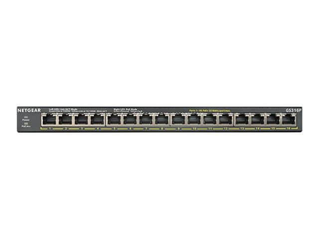 NETGEAR GS316P - Switch - unmanaged - 16 x 10/100/1000 (PoE+) - Desktop, wandmontierbar - PoE+ (115 W)