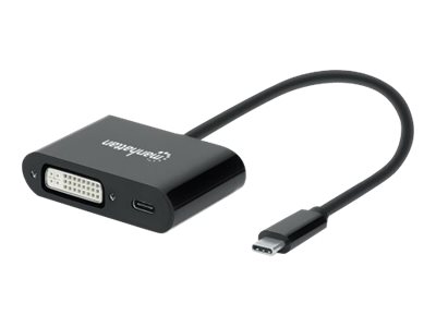Manhattan USB-C to DVI-I and USB-C (inc Power Delivery), 1080p@60Hz, 19.5cm, Black, Power Delivery to USB-C (60W), Male to Females, Compatible with DVD-D, Lifetime Warranty, Box