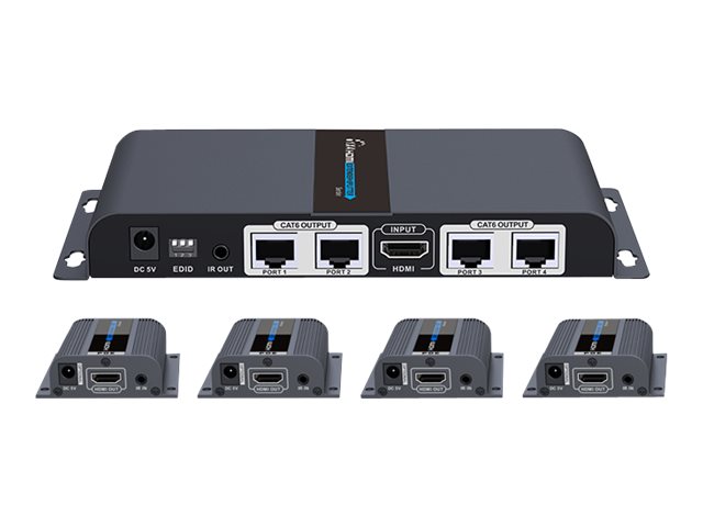 Lenkeng LKV714PRO 1x4 HDMI Extender Splitter Transmitter and 4 Receiver Units video/audio Product shot Ports / controls 74750
