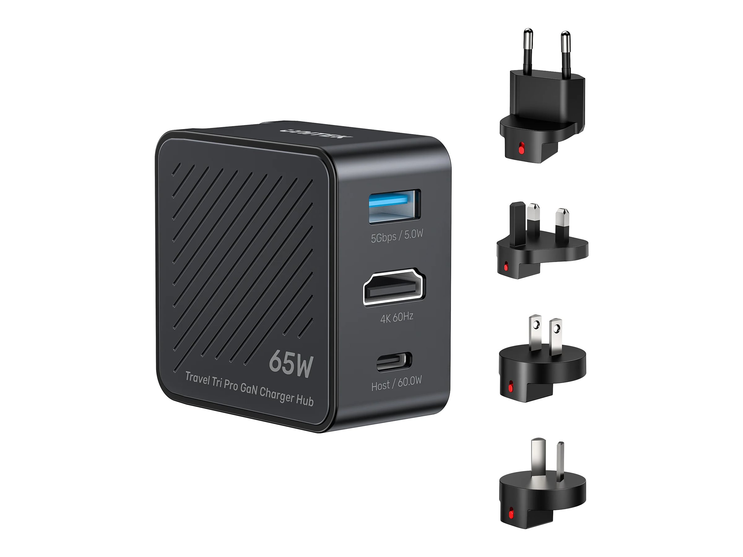 Unitek Travel Tri Pro power adapter 3-in-1 GaN technology USB-C USB 65 Product shot Left-angle 79900
