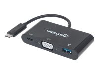 Manhattan USB-C 3-Port Hub/Dock, USB-C to USB-A, USB-C and VGA, 5 Gbps (USB 3.2 Gen1 aka USB 3.0), 1080p@60Hz, Power Delivery to USB-C Port (60W), Cable 8cm, Black, Lifetime Warranty, Blister