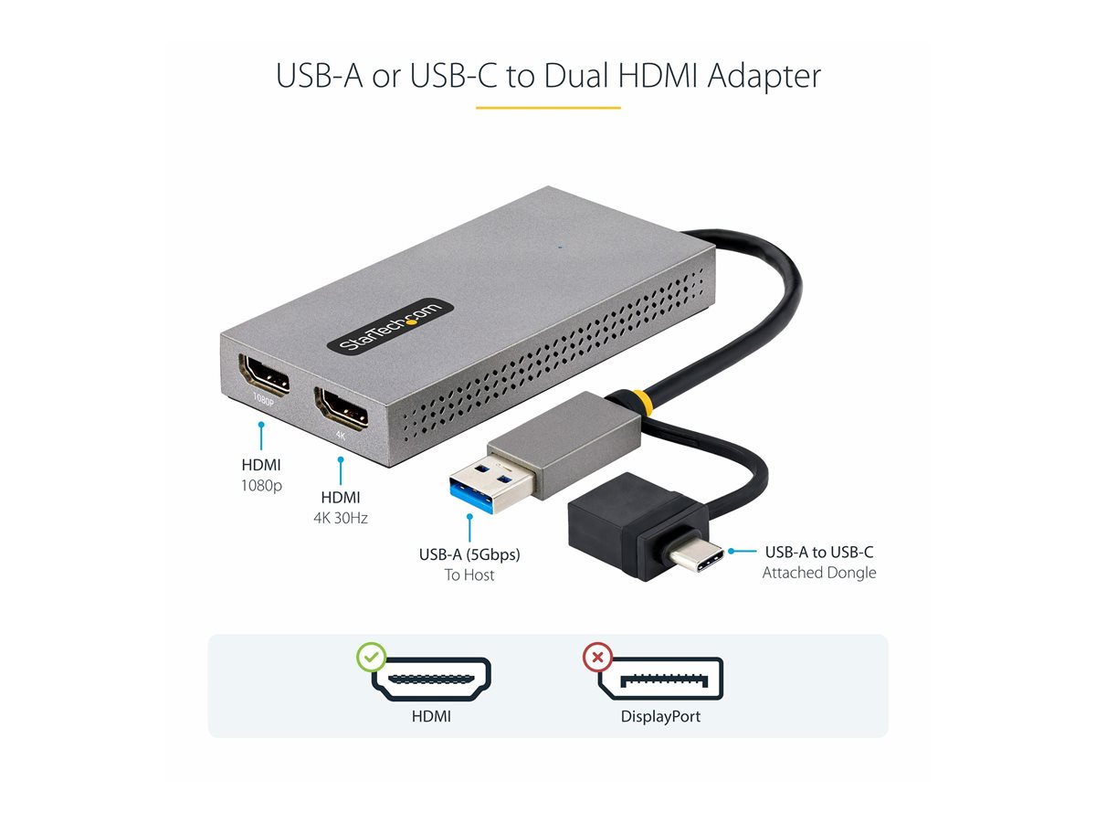 StarTech.com USB to Dual HDMI Adapter, USB A/C to 2x HDMI Monitors (1x 4K 30Hz, 1x 1080p), Integrated USB-A to C Dongle, 4in/11cm Cable, Windows & macOS - USB 3.0 to HDMI Multi-Monitor Display Adapter for Laptop (107B-USB-HDMI) - video adaptér - HDMI / USB – foto 3