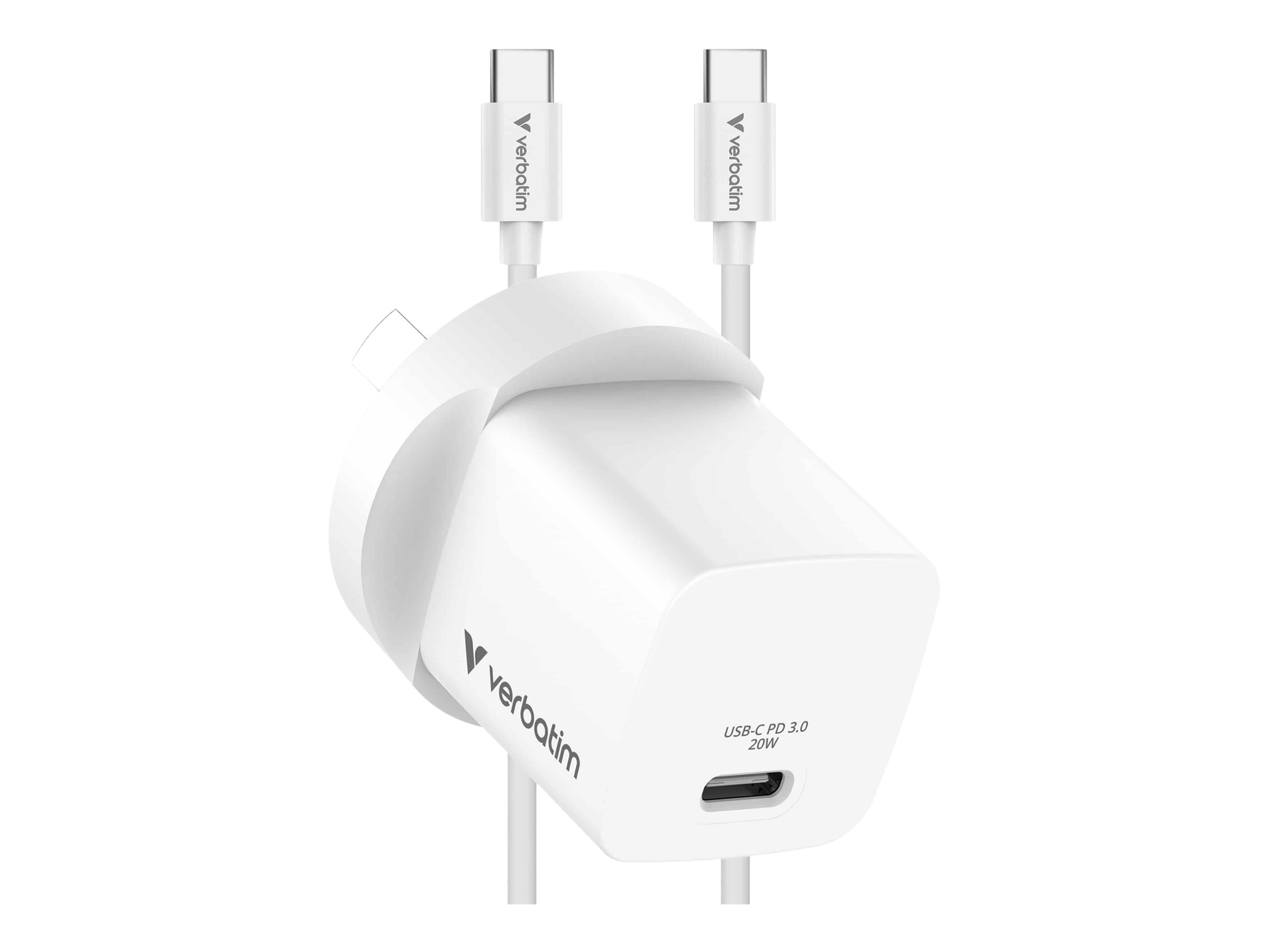 Verbatim Mini power adapter GaN USB-C 20 watt with USB-C to USB-C Product shot Right-angle 80000
