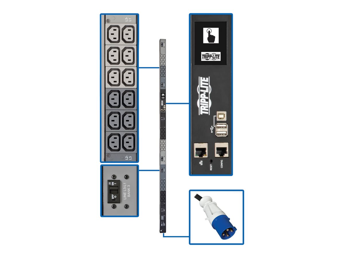 Eaton Tripp Lite Series 18.7kW 3-Phase Monitored PDU w/LX Platform, 208/240V Output (36 C13), IEC 309 60A Blue, 0U, TAA
