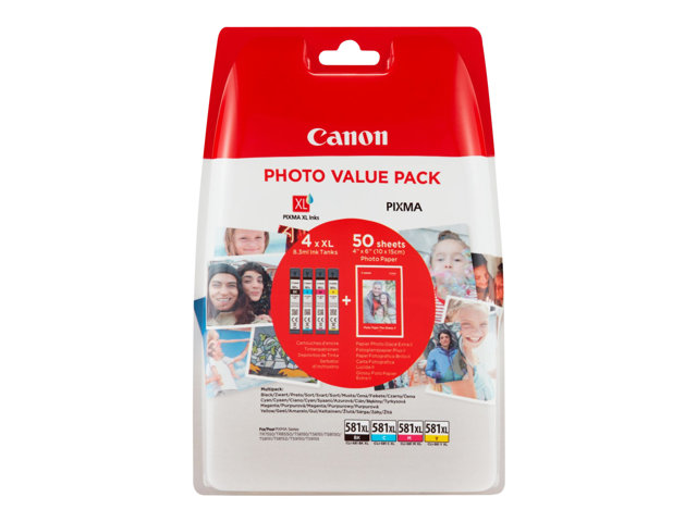 Image of Canon CLI-581XL C/M/Y/BK Photo Value Pack - 4-pack - High Yield - black, yellow, cyan, magenta - original - ink tank / paper kit