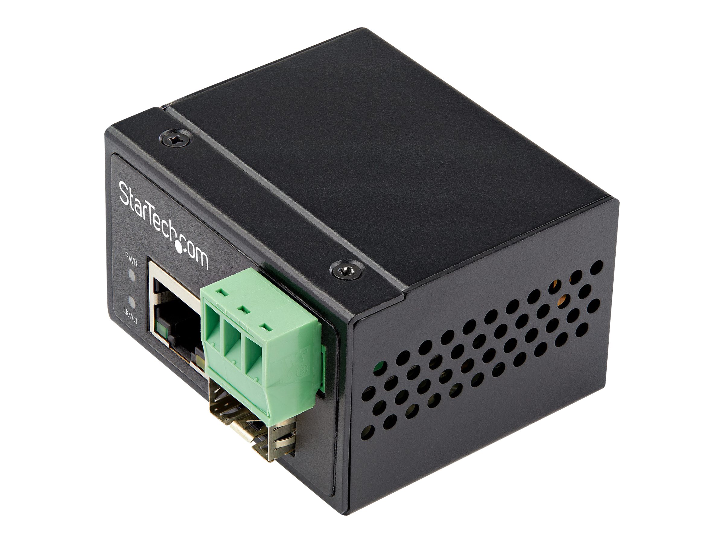 Industrial Fiber to Ethernet Media Converter, 100Mbps SFP to  RJ45/Cat6, Singlemode/Multimode Optical Fiber to Copper Network, 12-56V DC,  IP-30/ -40 to #x2B;75C, Fiber to Ethernet