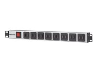 Intellinet 19' Rackmount  USB-A Power Distribution Unit (CEE 7/7), With Overload Protection Power , 2.1 A Max. per Module, 2m Power Cord Strømfordelingsenhed 16-stik 16A Sort Grå 2m