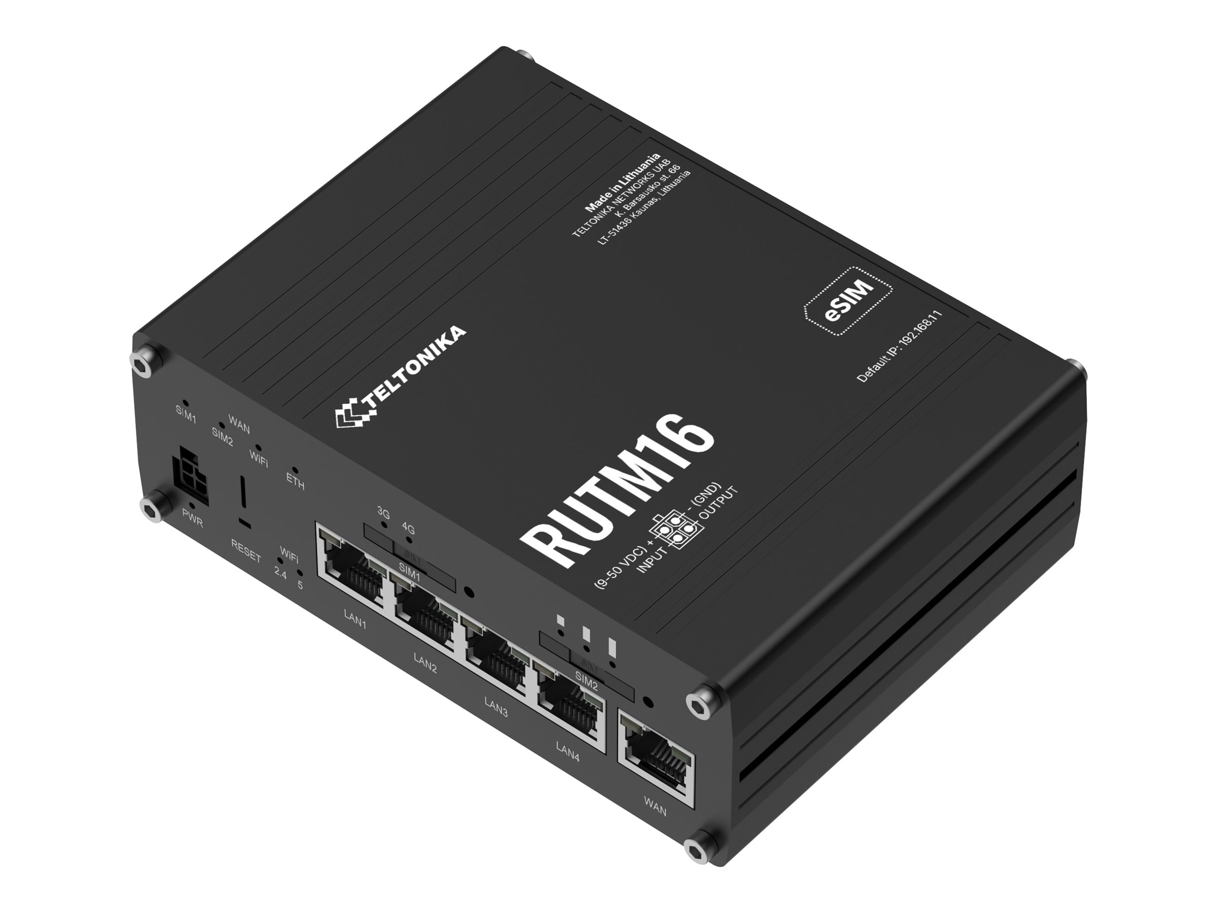 Teltonika RUTM16 wireless router WWAN Wi-Fi 5 LTE 3G 4G DIN rail mountable Product shot Left-angle 79900