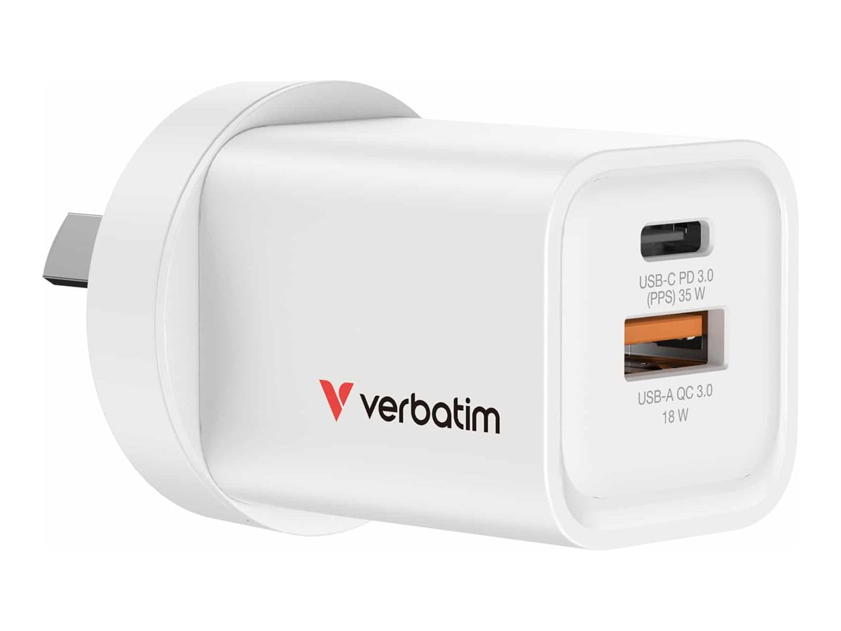 Verbatim power adapter GaN USB-C USB 35 Product shot Left-angle 79750