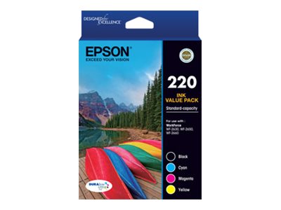 Epson 220 Ink Value Pack 4-pack black yellow cyan magenta original ink Package view Front 79225