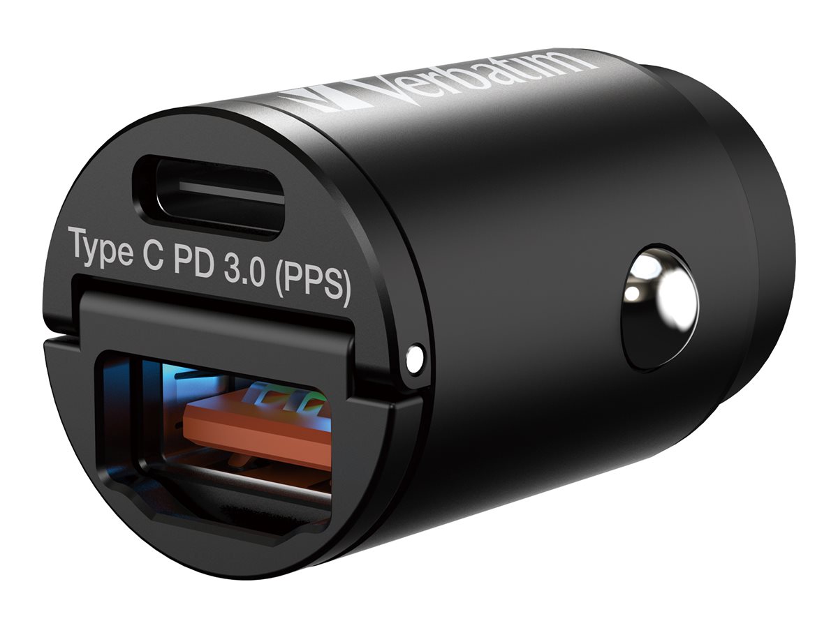 Verbatim car power adapter, mini, USB-C, USB Type A, 33 Watt