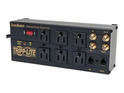 Isobar 6-Outlet Surge Protector  6 Ft Cord with Right-Angle Plug  2850 Joules  Diagnostic LEDs  Tel/Coax/Modem  Metal