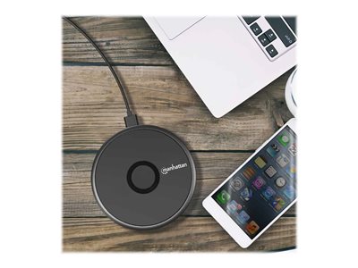 Manhattan Smartphone Wireless Charging Pad, QI certified, 10W, 7.5W and 5W charging, USB-C to USB-A cable included, USB-C input into pad, Cable 1.5m, Black, Three Year Warranty, Boxed