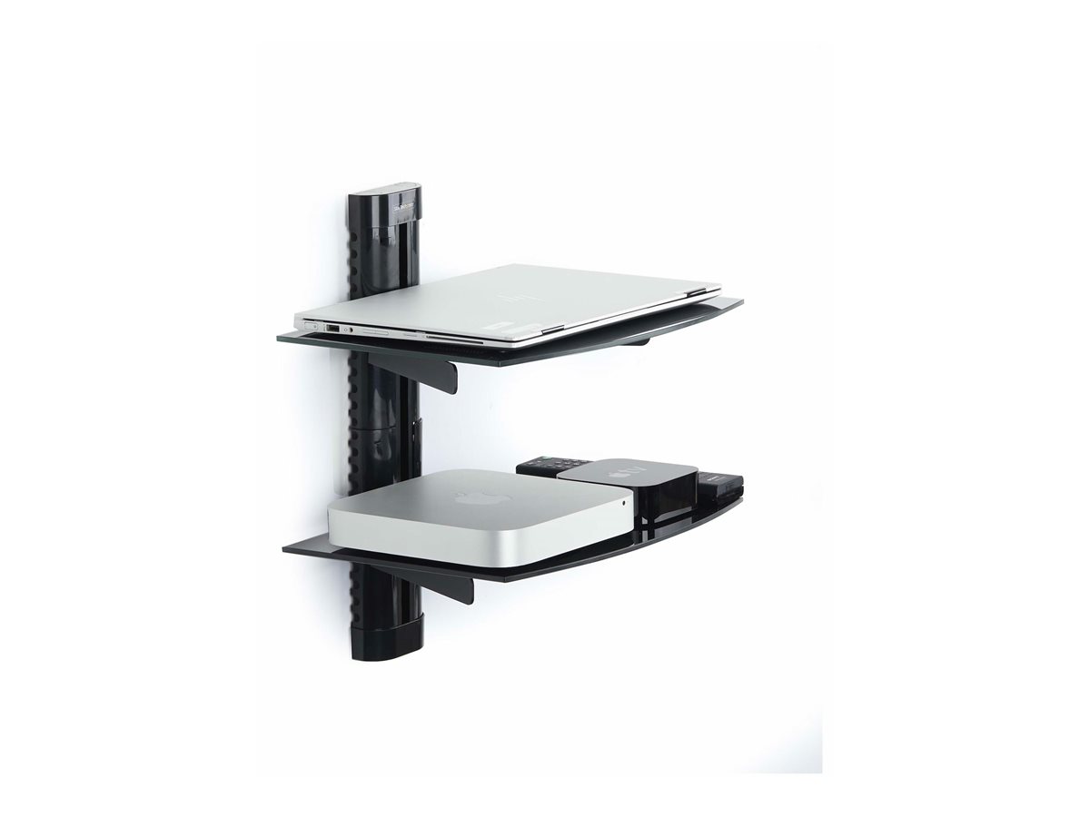 StarTech.com Dual Floating Wall-Mounted AV Shelves, Adjustable Height Shelf For Under TV, Organize A/V Equipment On Black Tempered Glass Shelves police - pro komponenty audio/video - černá – foto 3