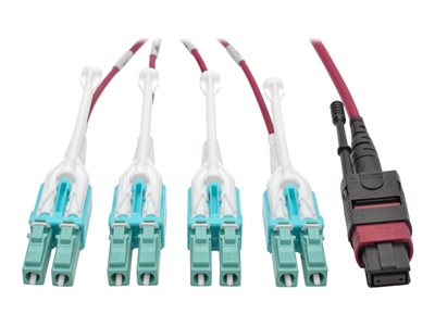 Tripp Lite MTP/MPO to 8xLC Fan-Out Patch Cable, 40 GbE, 40GBASE-SR4, OM4 Plenum-Rated, Push/Pull Tab, Magenta, 3 m (9.8 ft.)