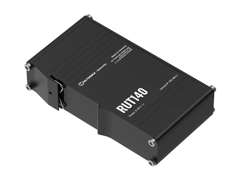 Teltonika RUT140 wireless router Wi-Fi DIN rail Product shot Left-angle 79450