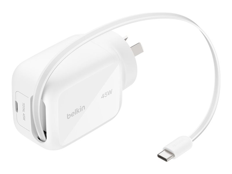 Belkin UltraCharge power adapter, retractable GAN, USB-C, 45 watt