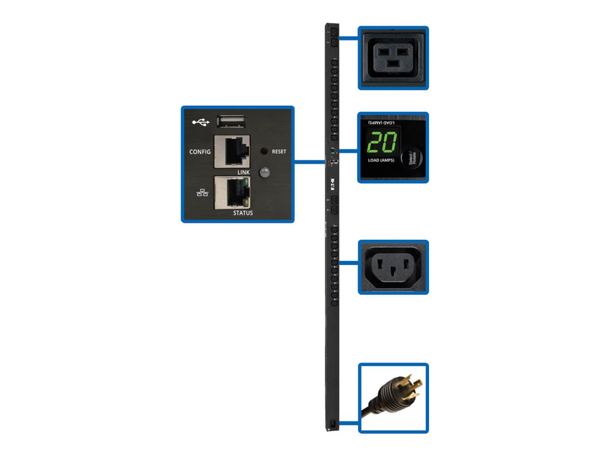 Tripp Lite 3.2-3.8kW Single-Phase Switched PDU with LX Platform Interface, 200-240V Outlets (20 C13 & 4 C19), C20/L6-20P, 0U, TAA