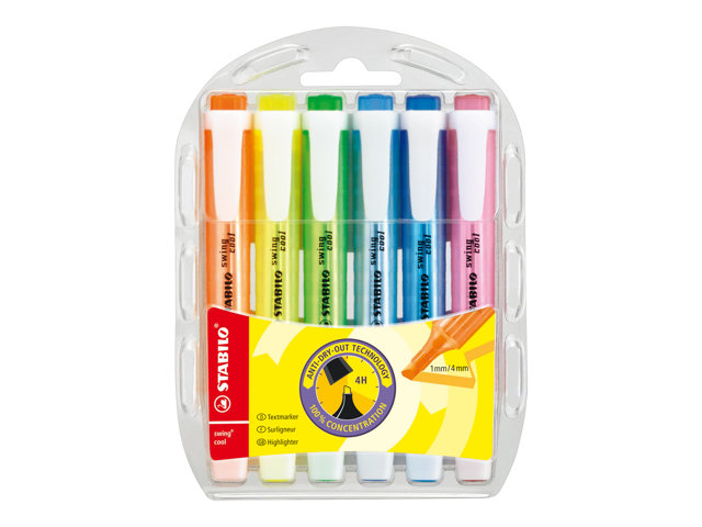 Stabilo Swing Cool Highlighter Fluorescent Blue Fluorescent Orange Fluorescent Yellow Fluorescent Green Fluorescent Pink Fluorescent Royal Blue Pack Of 6
