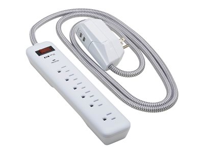 Tripp Lite 7-Outlet -6 on strip/1 in detachable plug-Surge Protector, 2 USB Ports (2.4A Shared), Detachable Charger Plug, 6 ft. Cord, 5-15P Plug, 900 Joules, White