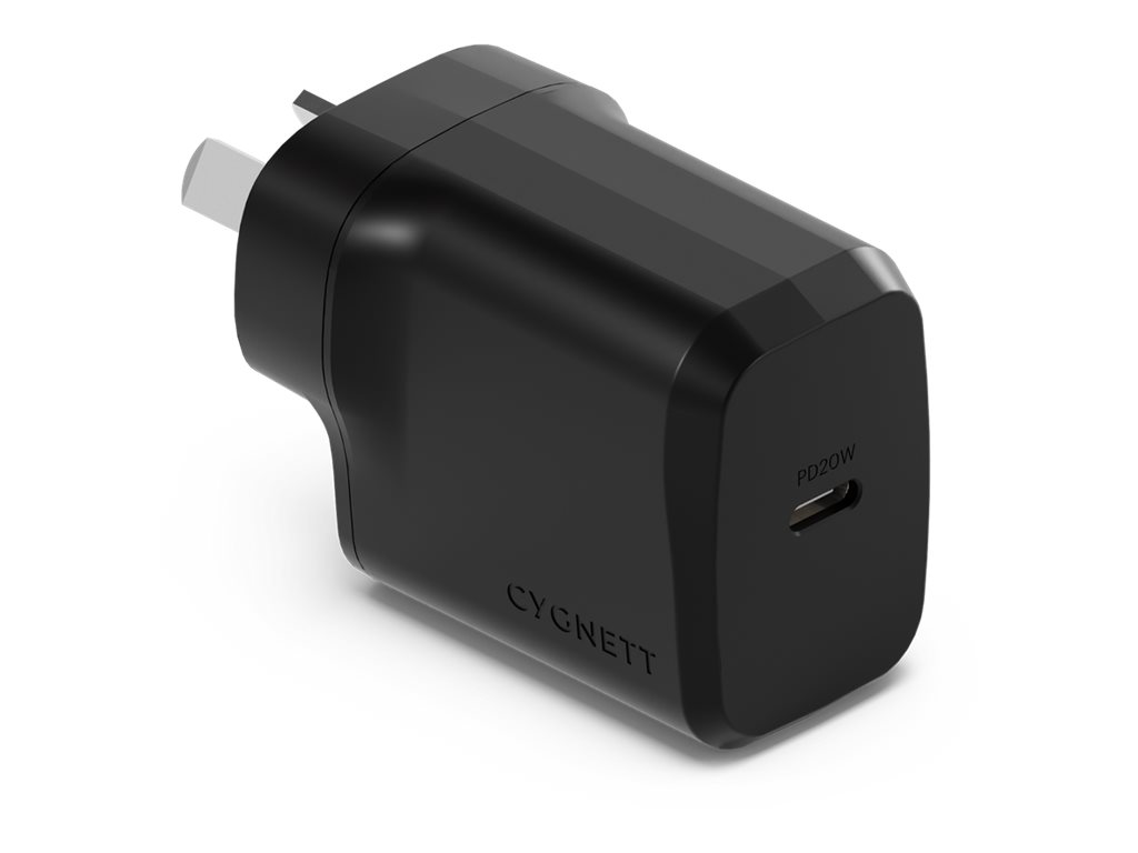 Cygnett PowerPlus power adapter GaN 24 pin USB-C 20 Product shot Right-angle 79700