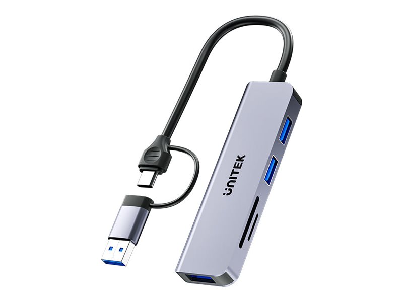 Unitek uHUB P5+ hub 5-in-1 5 Gbps with SD and micro SD card reader 3 Product shot Right-angle 79550