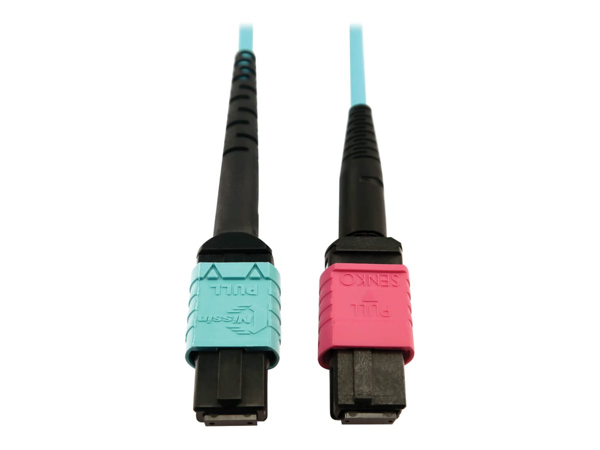 Eaton Tripp Lite Series 400G Multimode 50/125 OM4 Plenum Fiber Optic Cable, 24F MTP/MPO-UPC to 16F MTP/MPO-UPC (F/F), Aqua, 5 m