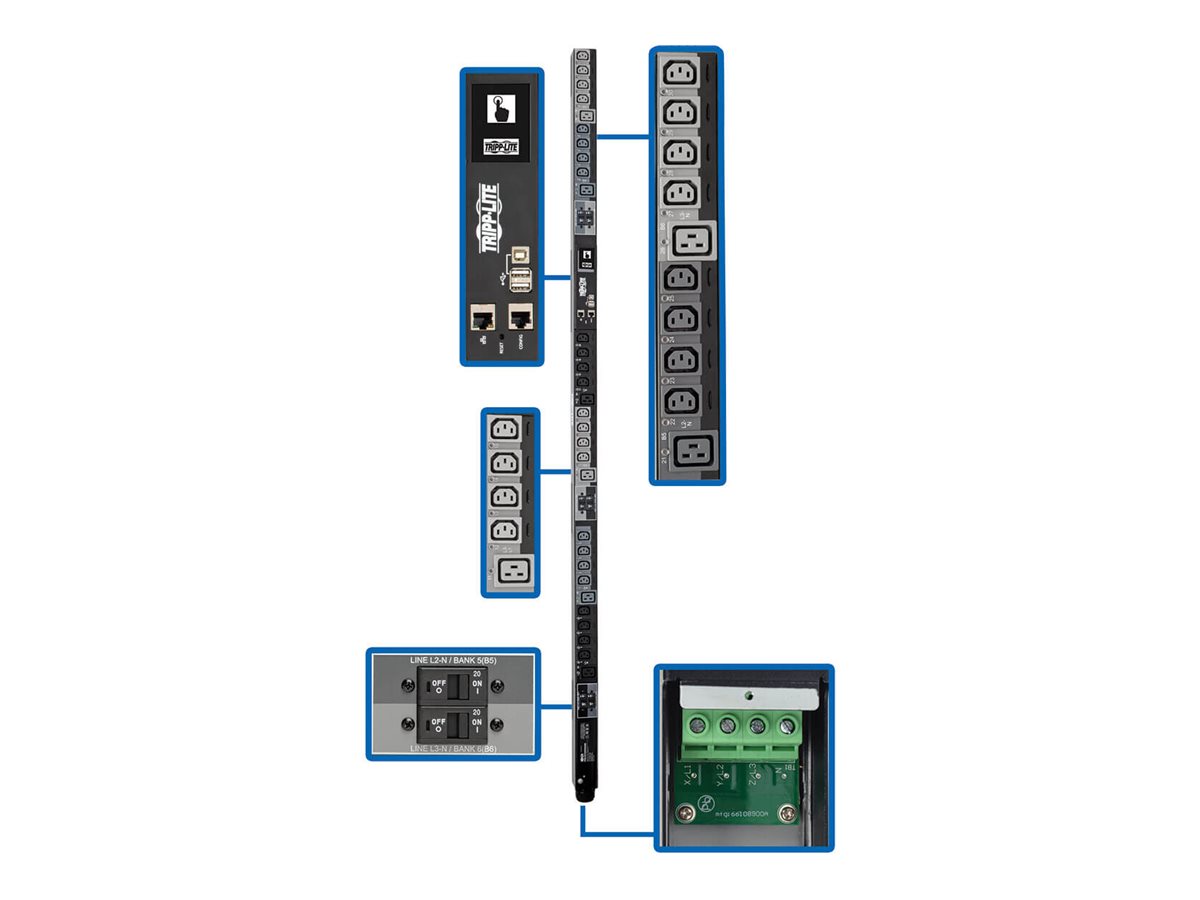 Tripp Lite 28.8kW 3-Phase Switched PDU, LX Platform Interface, 220/230/240V Outlets (24 C13/6 C19), LCD, Hardwire 380/400/415V Input, 0U, TAA