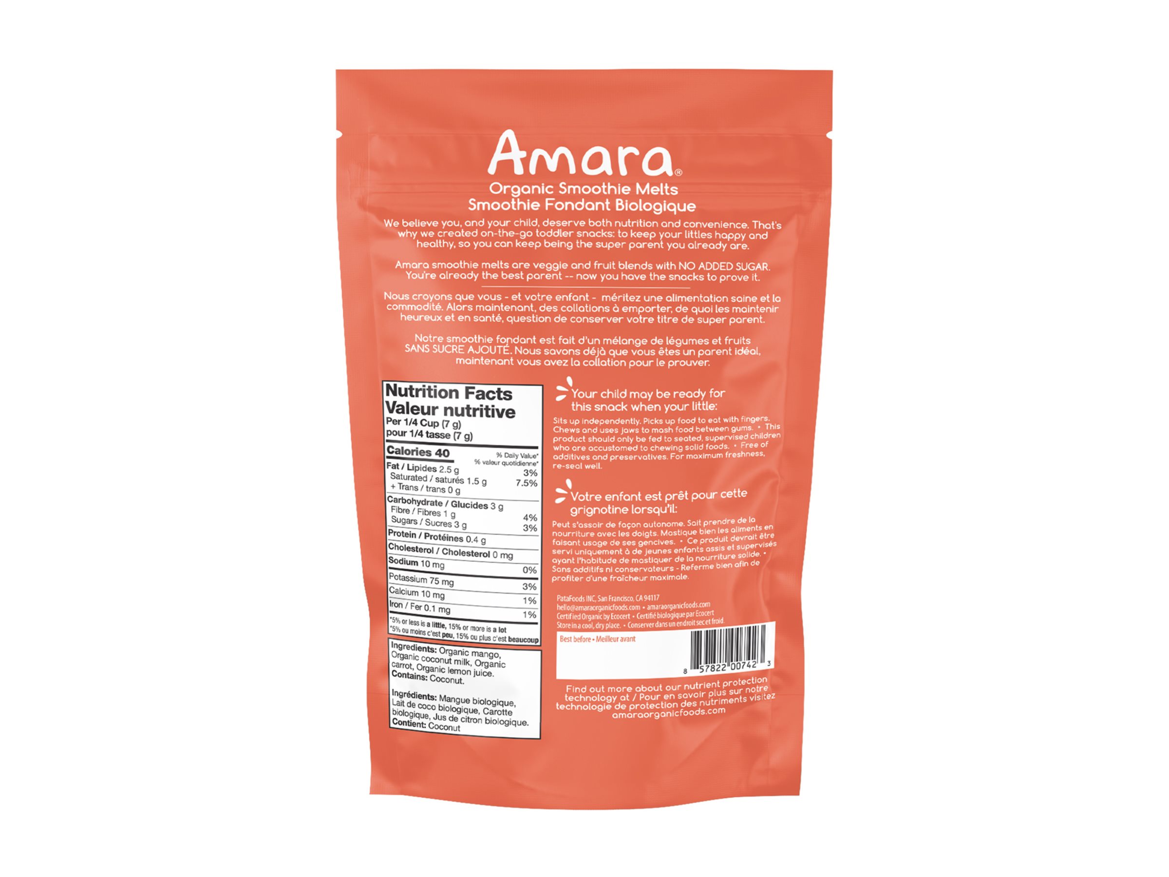 Amara Organic Smoothie Melts Snack - Creamy Mango Carrot - 23g