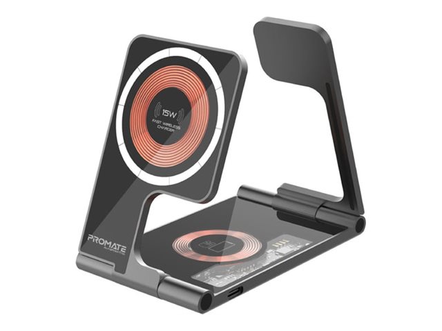 Promate AuraFold-Trio charging station ultra-slim foldable transparent MagSafe compatible 15 Product shot Right-angle 79400