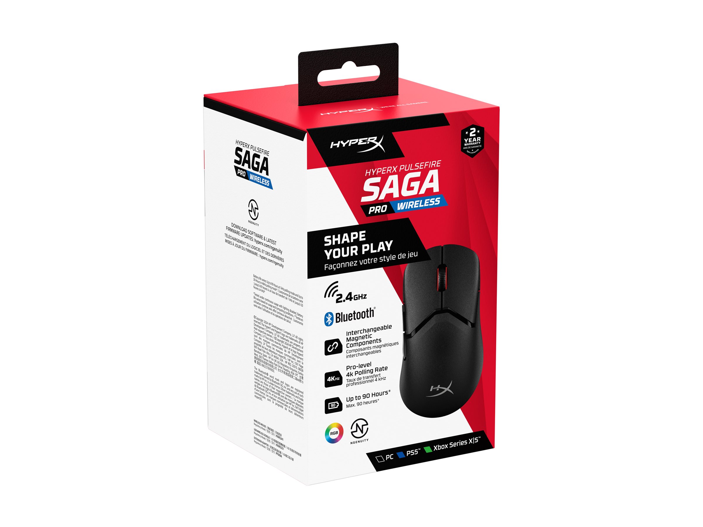 HyperX Pulsefire Saga Pro mouse 2.4 GHz Bluetooth 5.0 USB Package view Front 78150