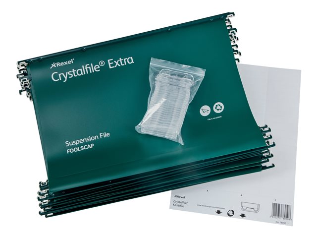 Rexel Crystalfile Extra Hanging File For Folio Capacity 300 Sheets Tabbed Green Pack Of 25