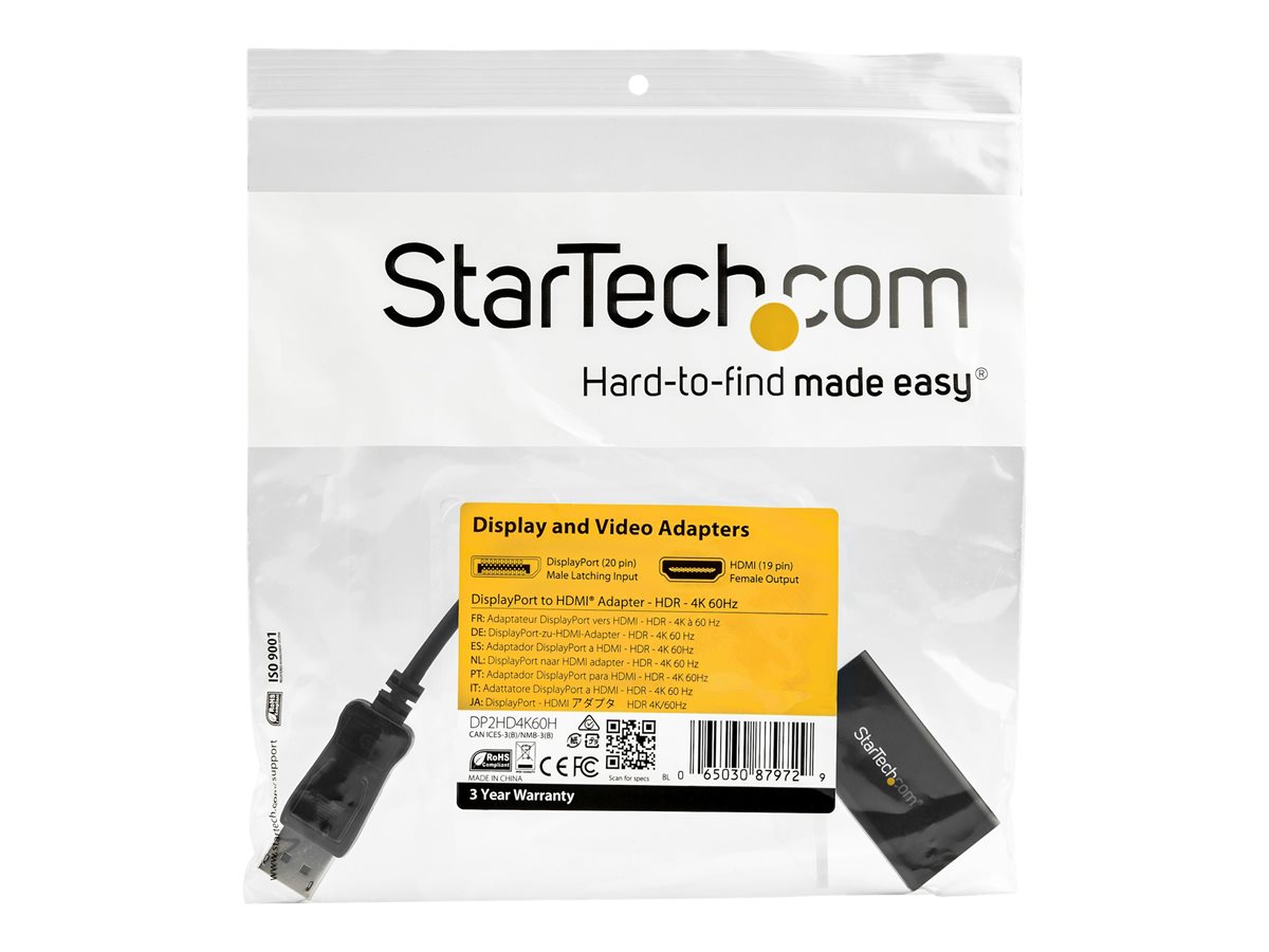 StarTech.com DisplayPort to HDMI Adapter, 4K 60Hz HDR10 Active DisplayPort 1.4 to HDMI 2.0b Video Converter, 4K DP to HDMI Adapter Dongle for Monitor/Display/TV, Latching DP Connector - Ultra HD, EMI Shielding (DP2HD4K60H) - video adaptér - DisplayPort / HDMI - 25.16 cm – foto 3